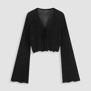 Cider Black Solid Hollow Out Knit Knotted Cardigan, Small